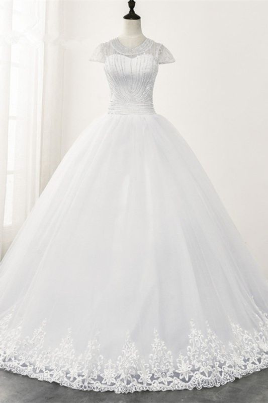 Bradyonlinewholesale Chic Ball Gown Jewel White Tulle Lace Wedding Dress Short Sleeves Rhinestones Bridal Gowns Online
