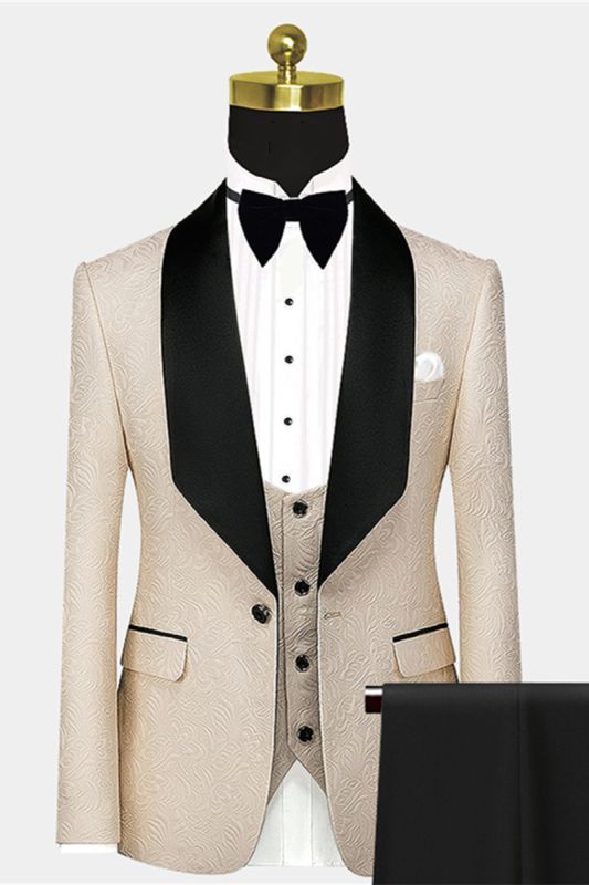 Stylish Light Champagne Prom Suit | Black Large Lapel Jacquard Wedding Tuxedos - Wayn