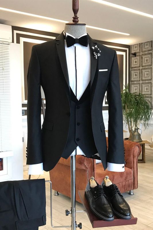 Devin Elegant 3 Piece Black Notched Lapel Business Mens Suit