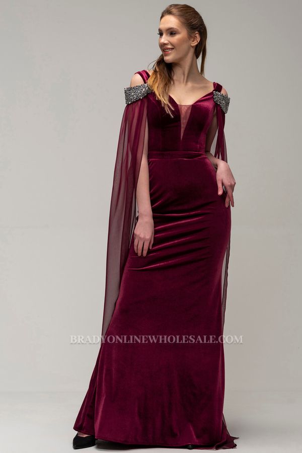 Elegant Burgundy Velvet Deep v-Neck Mermaid Evening Prom Dress with Sweep Cape