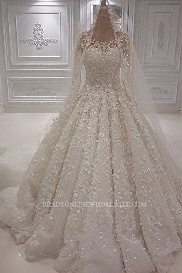 Gorgeous Crew Neck Long Sleeve Lace Appliques Wedding Bridal Dress|Elegant Ball Gown Sweep Train