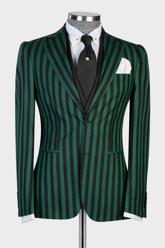 Men's Simple Green Stripe Point Collar 3-Piece Bodycon Ball Suit
