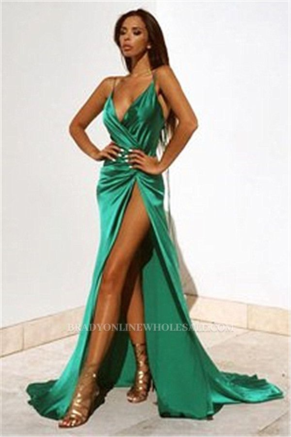 spaghetti straps sexy evening dress with slit cheap party dresses