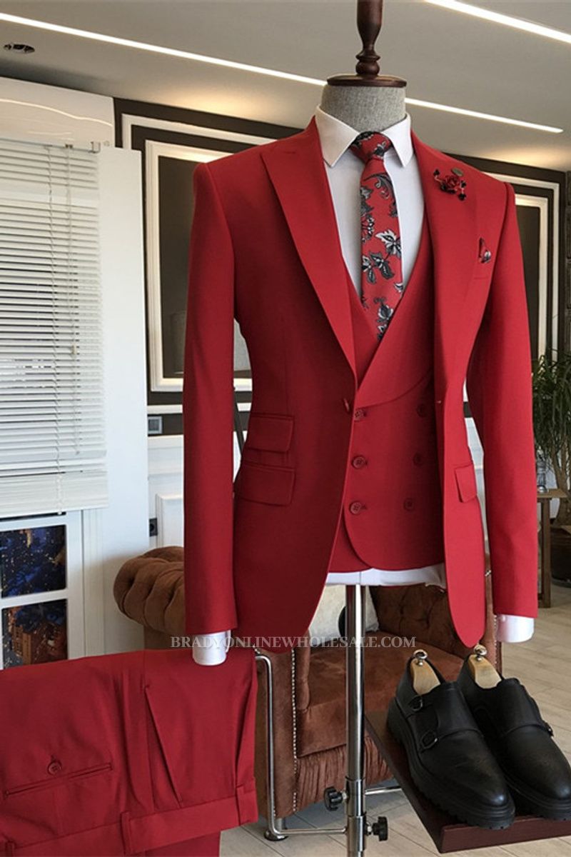 Gilberto Red Custom Three Piece Point Lapel Prom Mens Suit