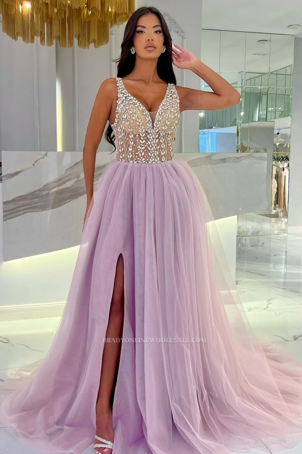 Sexy Evening Dress Long V Neck Ball Gowns Prom Dresses with Glitter