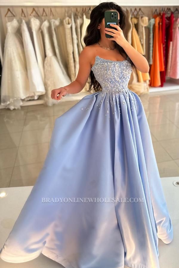 Lavender Evening Dresses Long Satin Prom Dresses Ball Gowns with Glitter