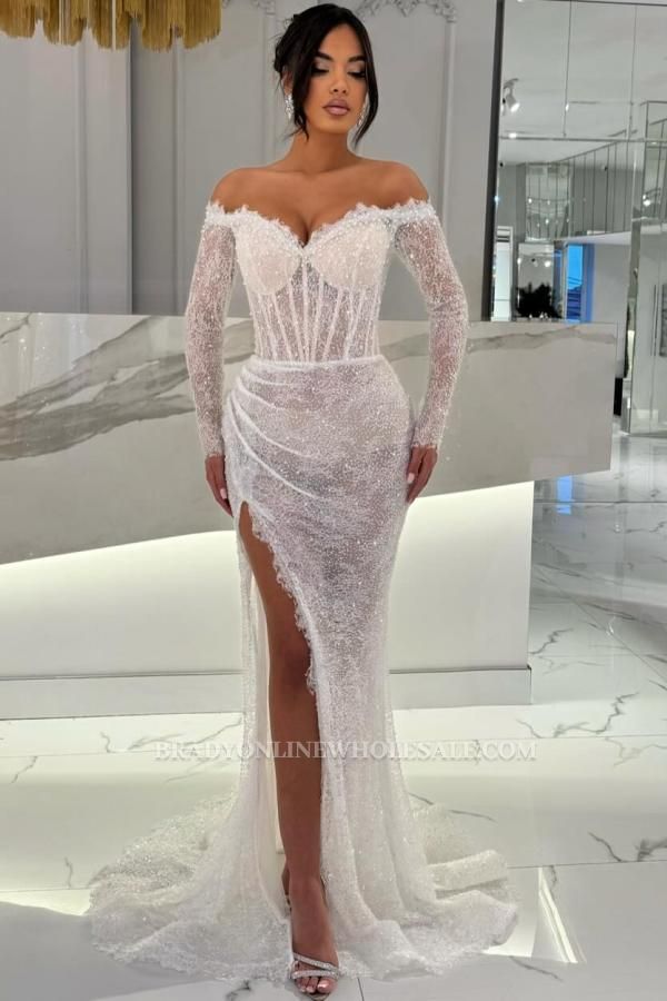 Sexy Evening Dresses Long White Prom Dresses Ball Gowns with Sleeves
