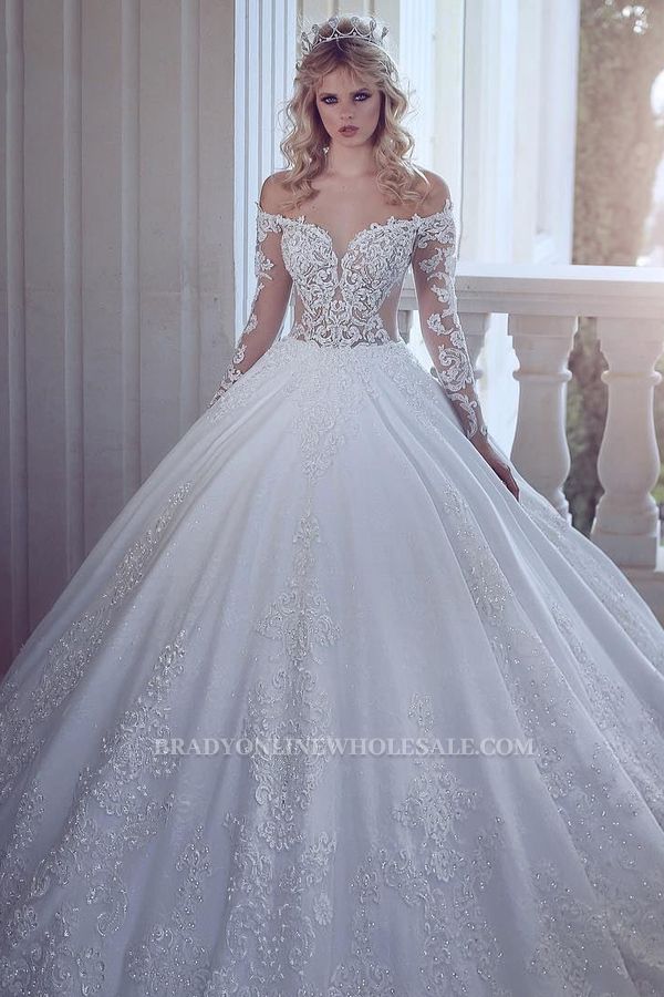 Gorgeous Off Shoulder Long Sleeve Wedding Dress| Lace Appliques Ball Bridal Gowns