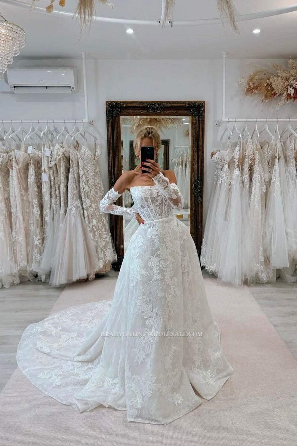 Strapless Lace up Appliques Lace A-Line Wedding Dresses with Train