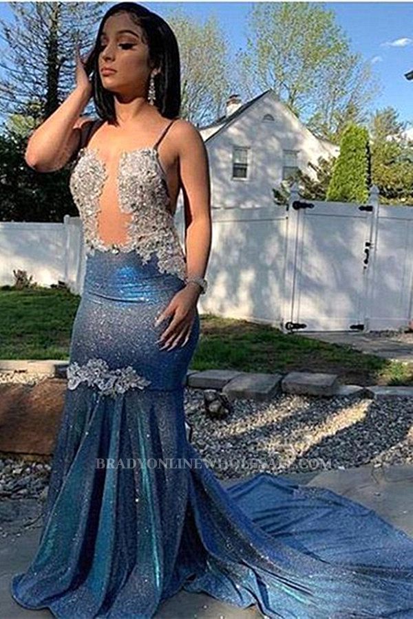 Sparkle navy blue lace applique mermaid prom dress