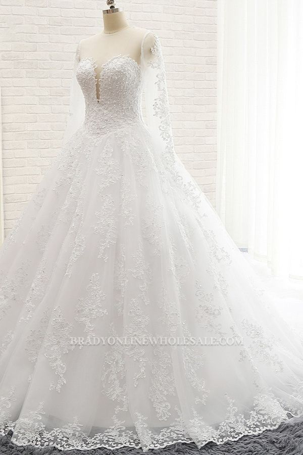 Bradyonlinewholesale Stylish Longsleeves A line Lace Wedding Dresses Tulle Ruffles Bridal Gowns With Appliques Online