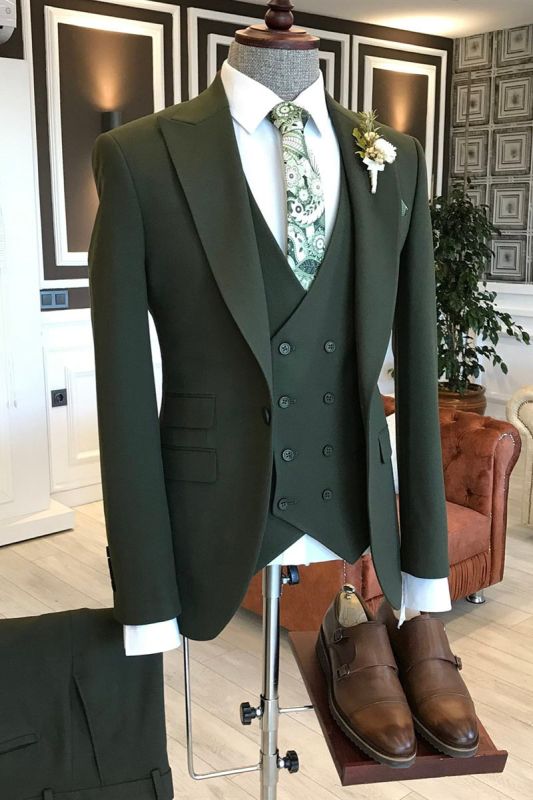 Michael Unique Dark Green One Button 3 Flap Custom Mens Business Suit