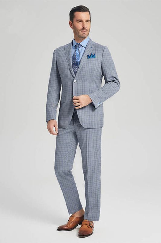 Mens Casual Light Grey Suits | Blue Grid Mens Casual Suits Sale at