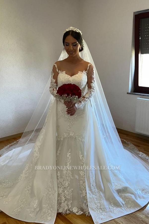 White Tulle Lace Mermaid Wedding Gown with Detachable Sweep Train
