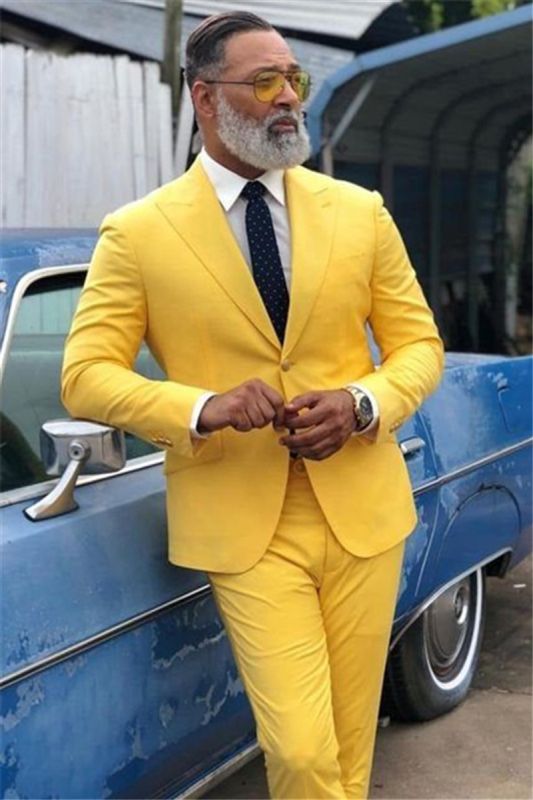Stylish Yellow Prom Costume Point Lapel Mens Suit
