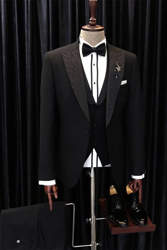 Barry Lastest Design Sleek Black Three-Piece Point Lapel Wedding Suit
