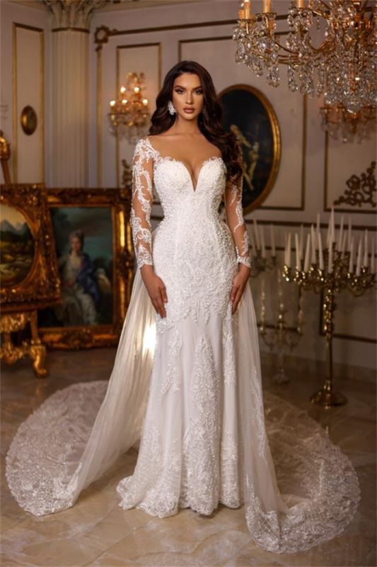 Designer A-Line Long Sleeves Lace Wedding Dress with Detachable Trail