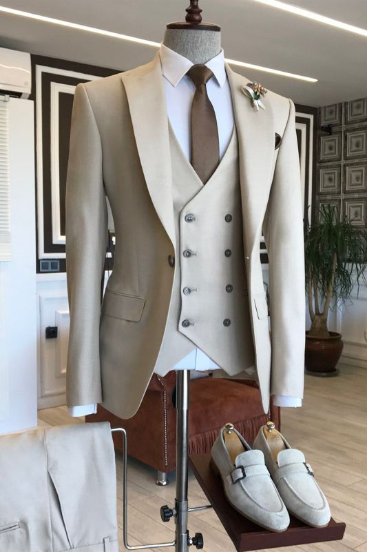 Eddie Light Khaki Three-Piece Point Lapel Formal Business Mens Suit