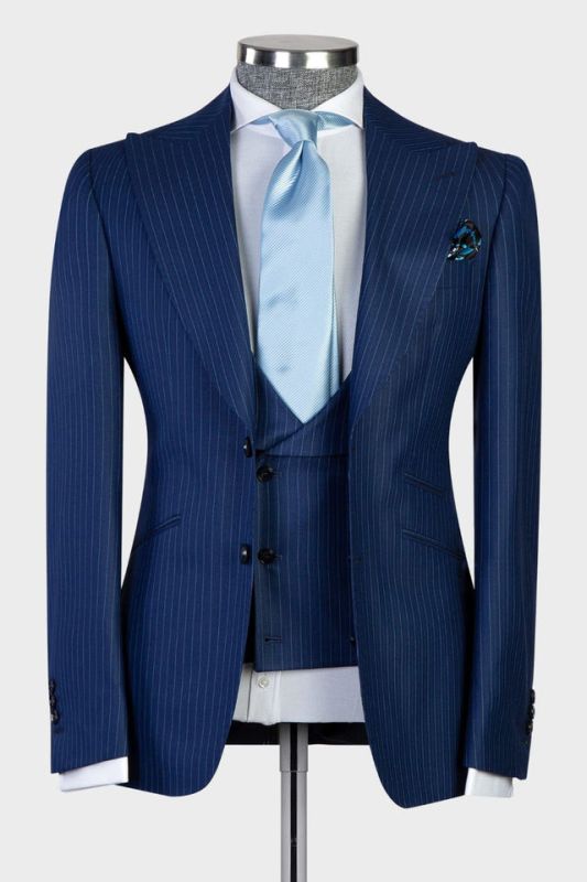 Navy Fashion Striped Three Piece Slim Fit Men Suits with Pointed Lapel