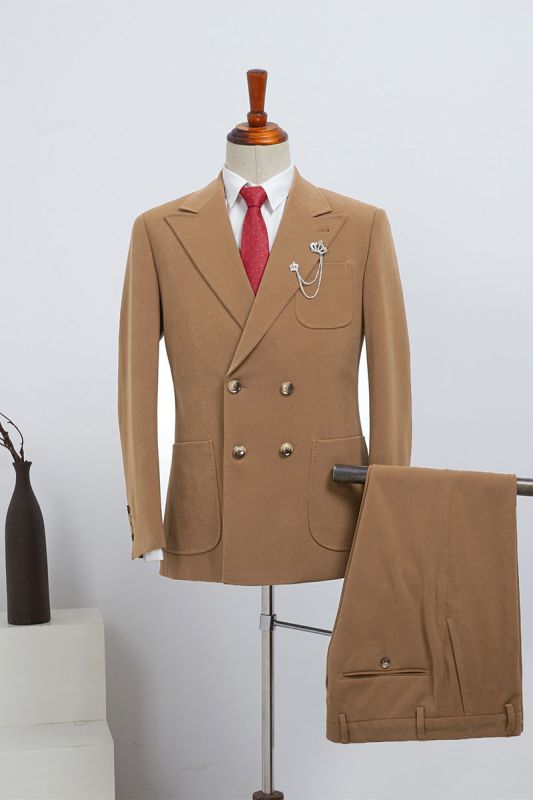 Bart Fashion Beige Double Breasted Slim Fit Tailored Suit