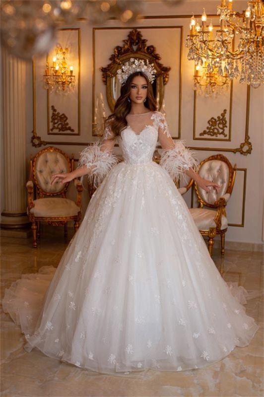 Elegant A-Line Lace Princess Wedding Dress | Wedding Dress with Sleeves