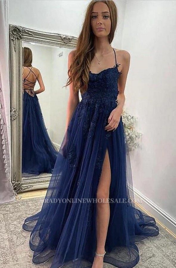 Chic Evening Dresses Long Blue | Lace prom dresses