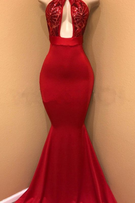 Halter Sexy Open Front Red Prom Dresses | Mermaid Cheap Long Evening Dress
