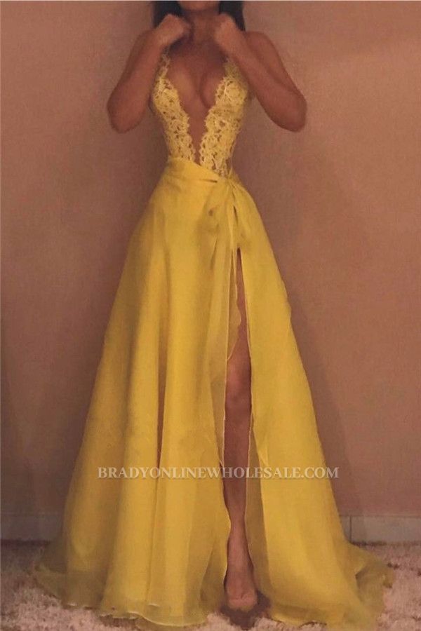Deep V-neck Sexy Yellow Evening Dresses | Side Slit Lace Sleeveless Cheap Prom Dresses