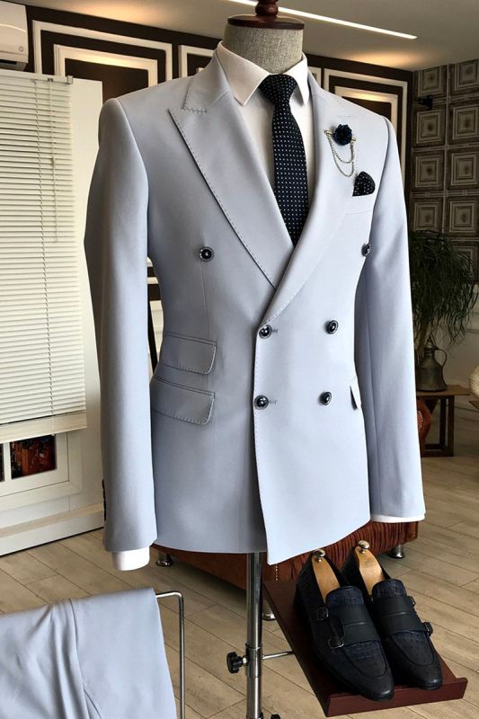 Hogan Trendy Point Lapel Double Breasted Slim Fit Business Mens Suit