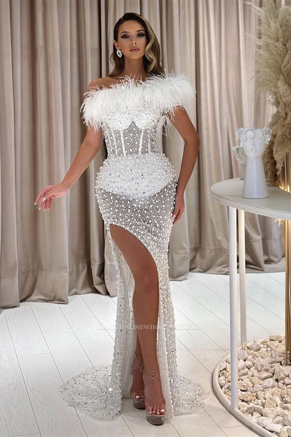 Ruffles Mermaid Sequin High Split Prom Dresses