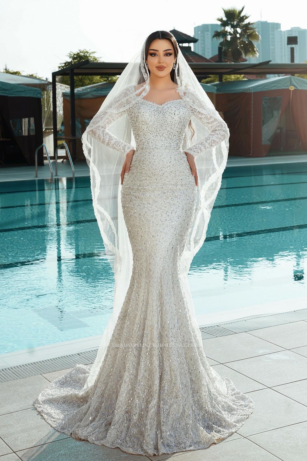 Modern Wedding Dresses Mermaid Style Glitter Wedding Dress with Sleeves