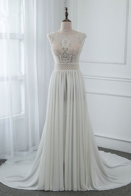 Bradyonlinewholesale Sexy Jewel Sleeveless Chiffon Wedding Dresses See Through Top Bridal Gowns On Sale