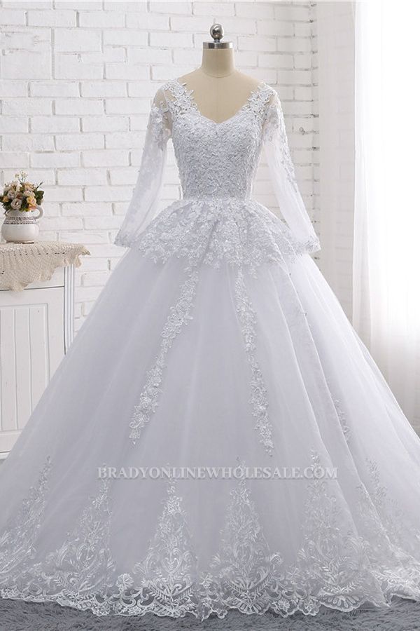 Bradyonlinewholesale Stylish Long Sleeves Tulle Lace Wedding Dress Ball Gown V-Neck Sequins Appliques Bridal Gowns On Sale