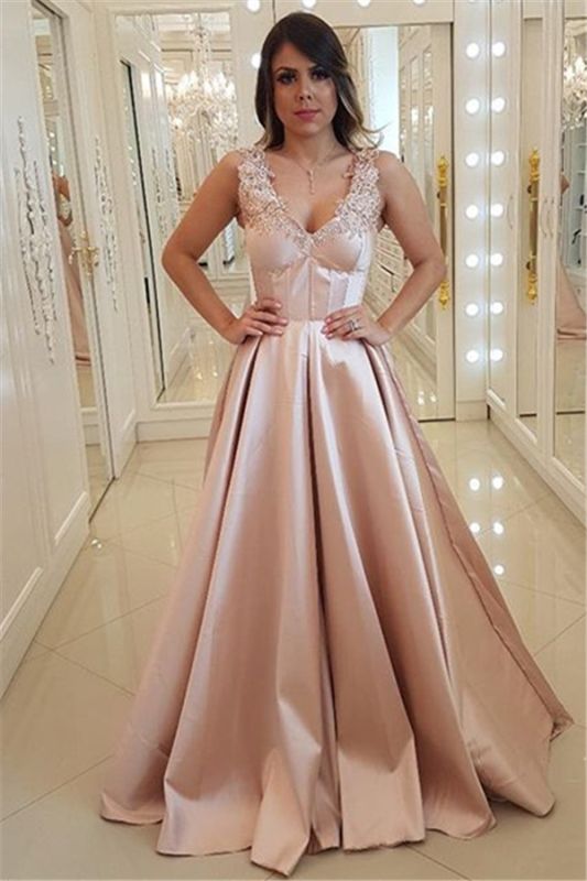 Elegant Satin A-Line Pink Long Evening Dresses | Sleeveless V-Neck Evening Gowns Cheap