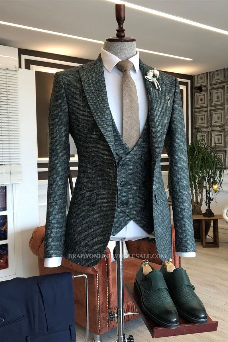 Formal Dana Black Check 3 Piece Point Lapel Slim Fit Mens Suit