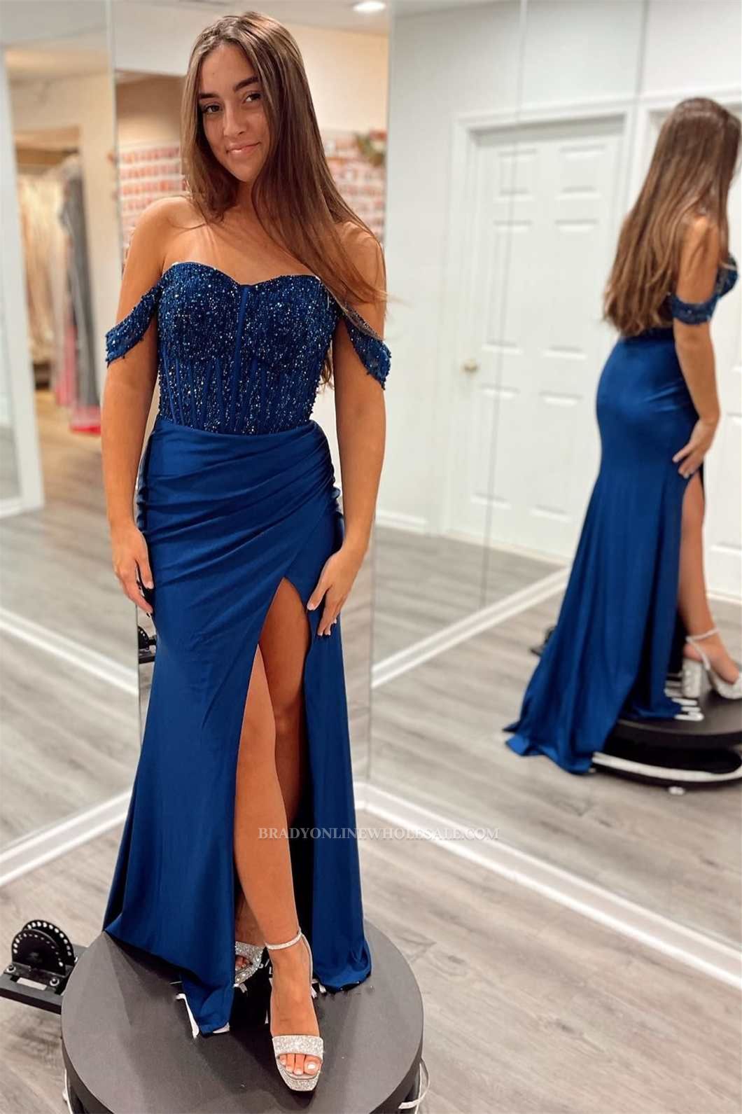 Off the shoulder Blue Satin High Split Prom Dresses