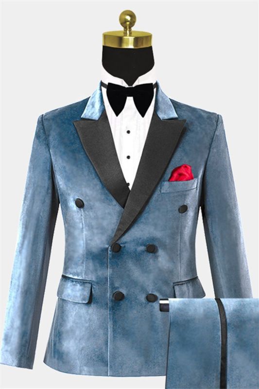 Steel Blue Velvet Tuxedo 2 Piece | Mens Online Double Breasted Prom Suit