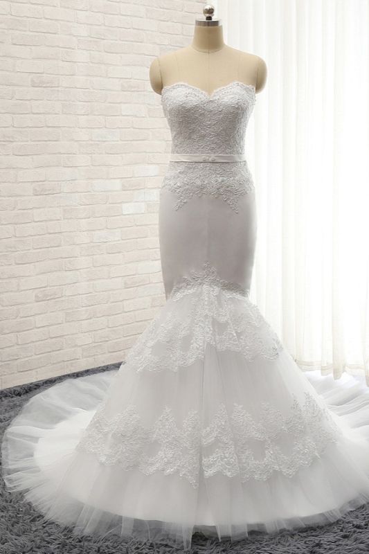Bradyonlinewholesale Affordable Sweetheart White Lace Wedding Dresses Tulle Satin Bridal Gowns With Appliques On Sale