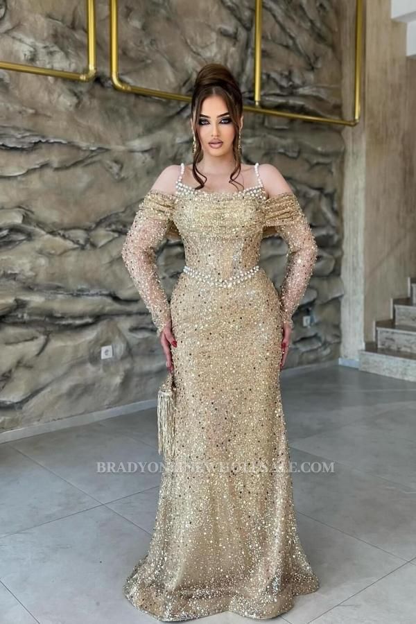 Elegant Ball Gowns Long Gold Evening Dress with Glitter