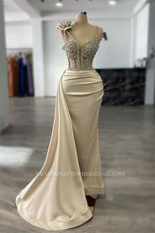 Champagne Evening Dresses Long Glitter Ball Gowns With Pearls