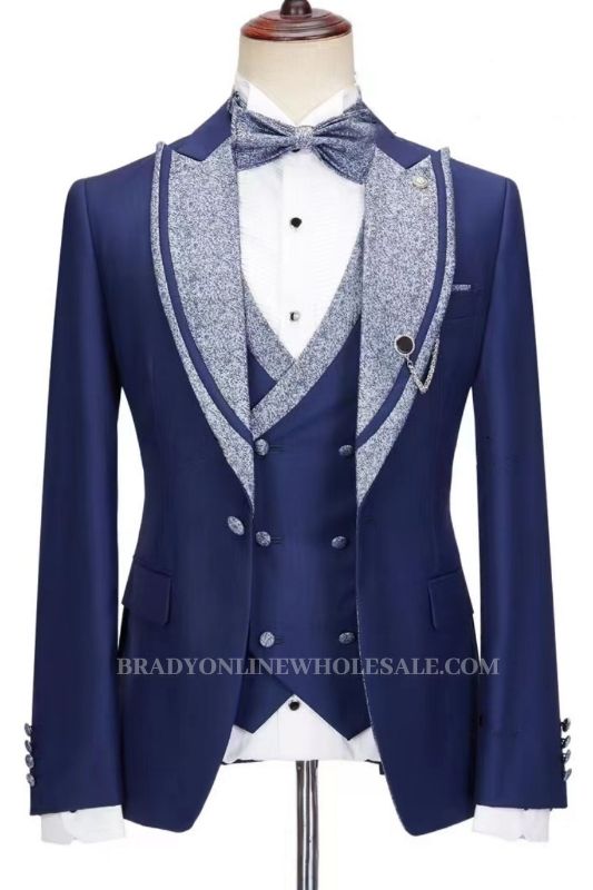Fancy Dark Blue Peaked Lapel Prom Suits | Three Pieces