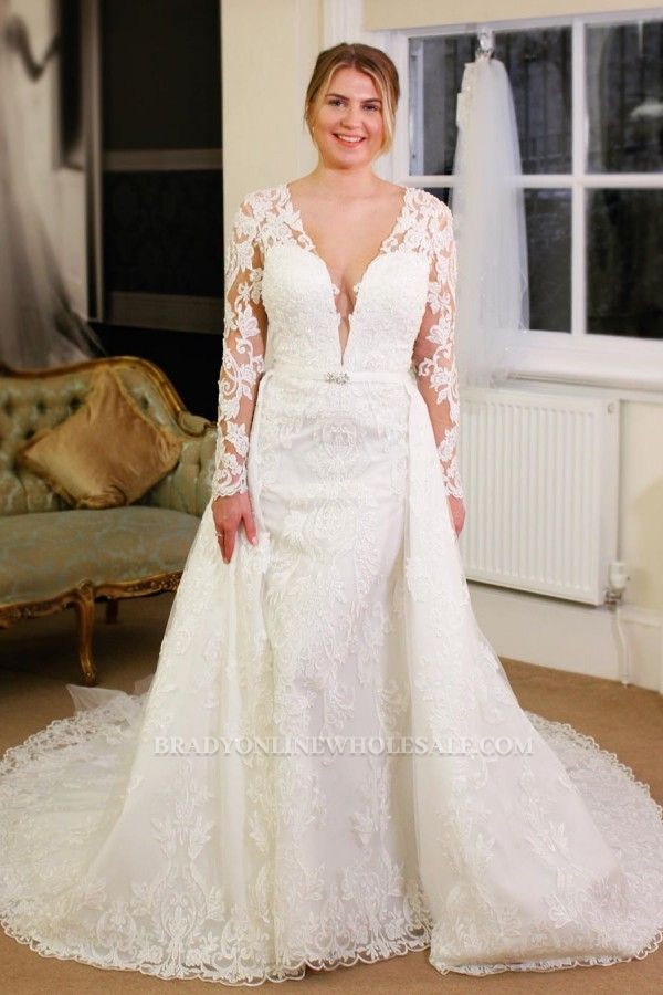 Luxury Long Sleeves V-neck Lace Royal Wedding Dress with Overskirt