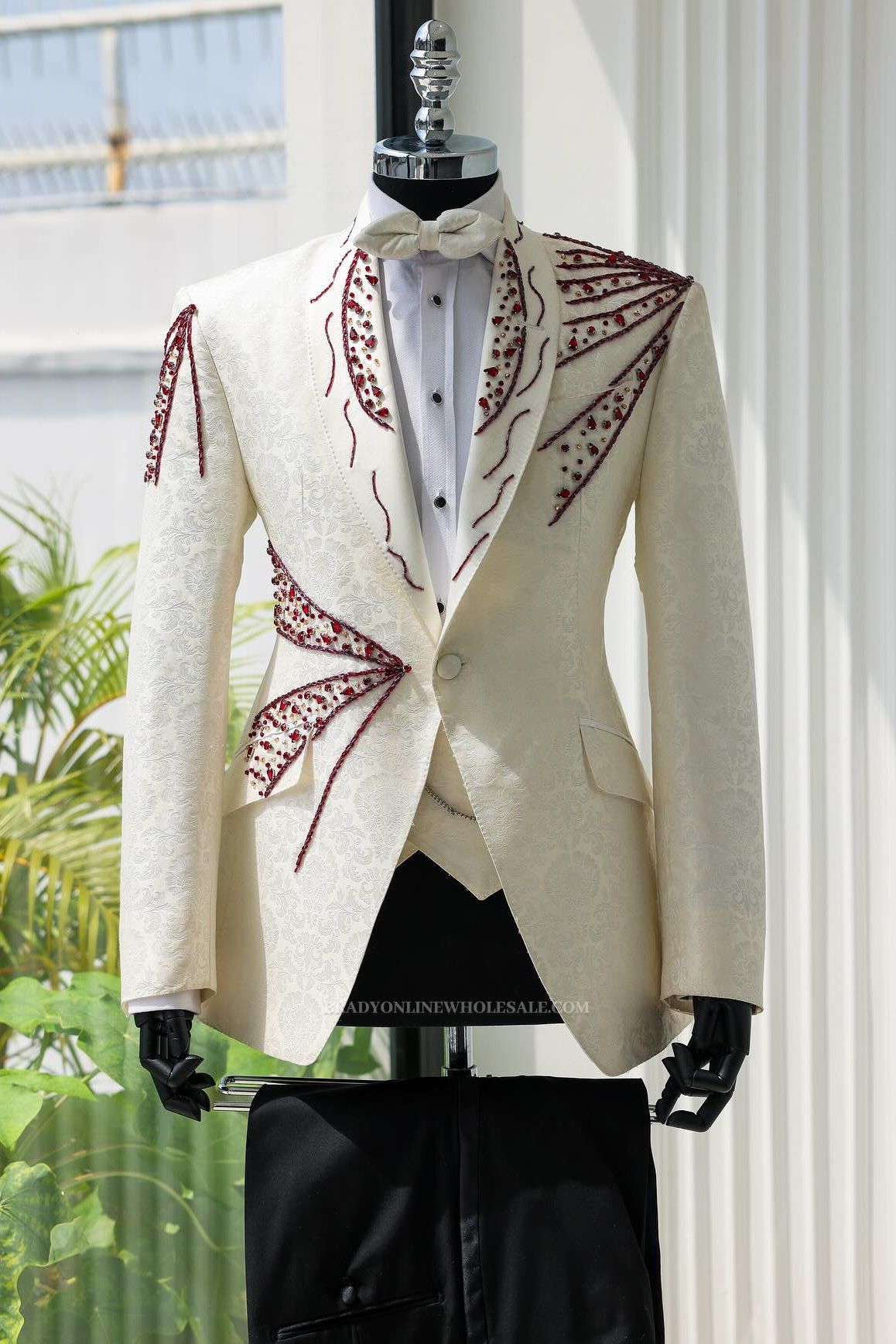 Hayes White Jacquard Burgundy Beadings 3 Piece Men's Suit for Wedding