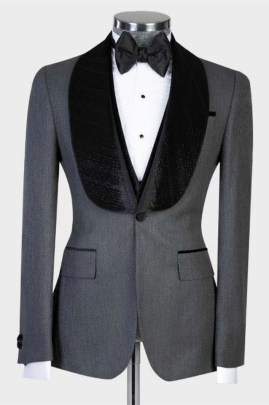 Gray One Button Stylish Wedding Suits With Black Shawl Lapel