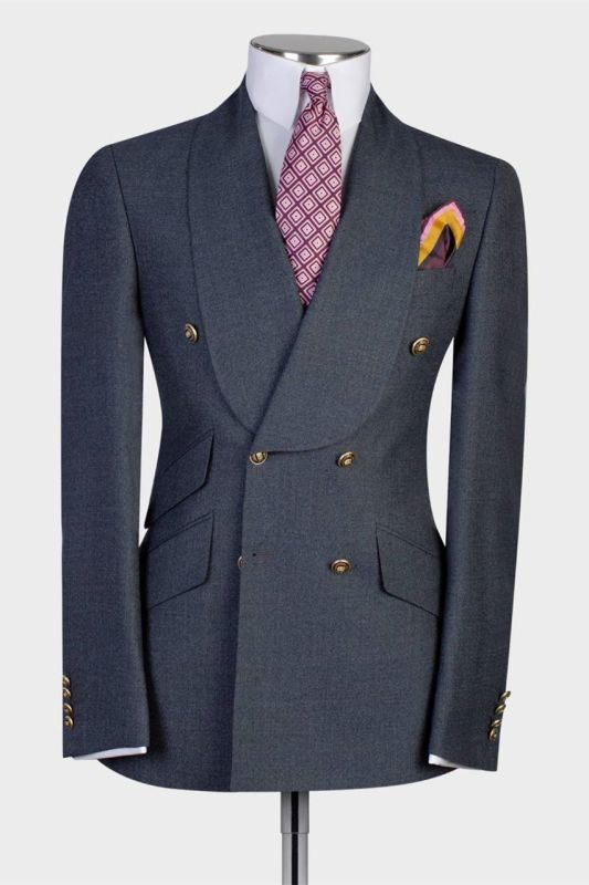 Latest Dark Gray Shawl Lapel Double Breasted Men's Suit