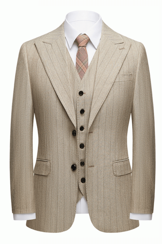 Gentle Khaki Striped Peak Lapel Formal Mens Suit for Business