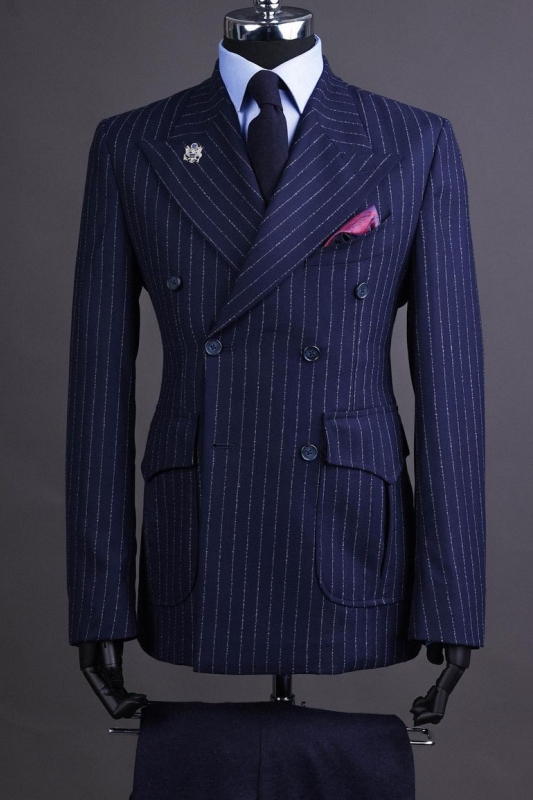 Washington Dark Blue Peaked Lapel Double Breasted Striped Business Suits