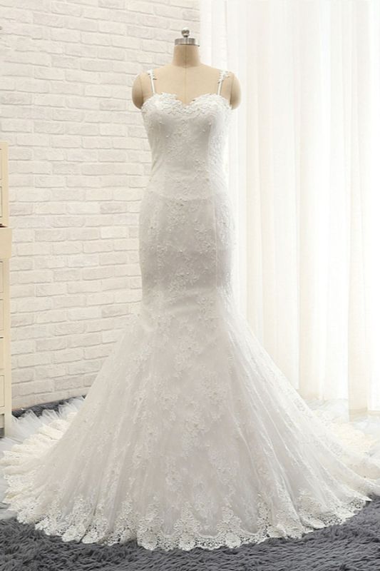 Bradyonlinewholesale Sexy Spaghetti Straps Sleeveless Wedding Dresses With Appliques White Mermaid Lace Bridal Gowns Online
