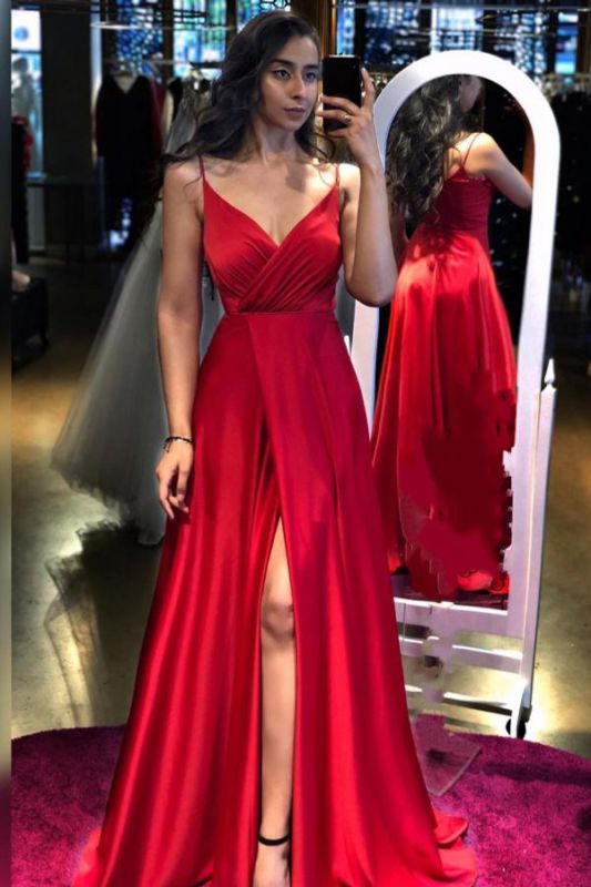 Red Spaghetti Straps Aline Evening Dress with side Split
