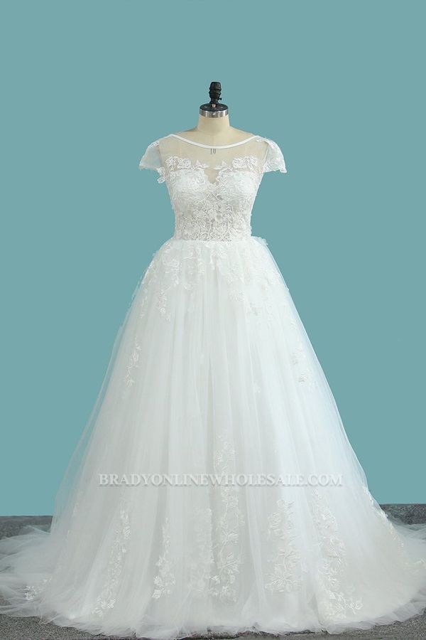 Bradyonlinewholesale Elegant Jewel Tulle Lace Wedding Dress Short Sleeves Appliques Ruffles Bridal Gowns Online